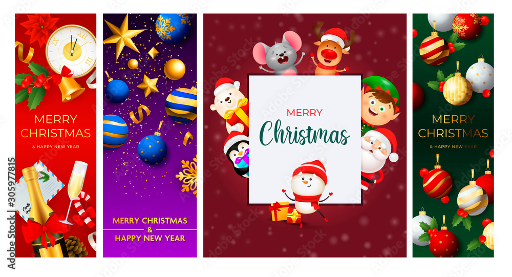 Fototapeta premium Merry Christmas greeting card with funny snowman. Posters with decorations can be used for invitation and greeting card. Holiday concept