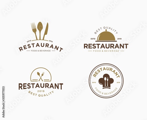 set of logo design for restaurants with knives, forks and spoons