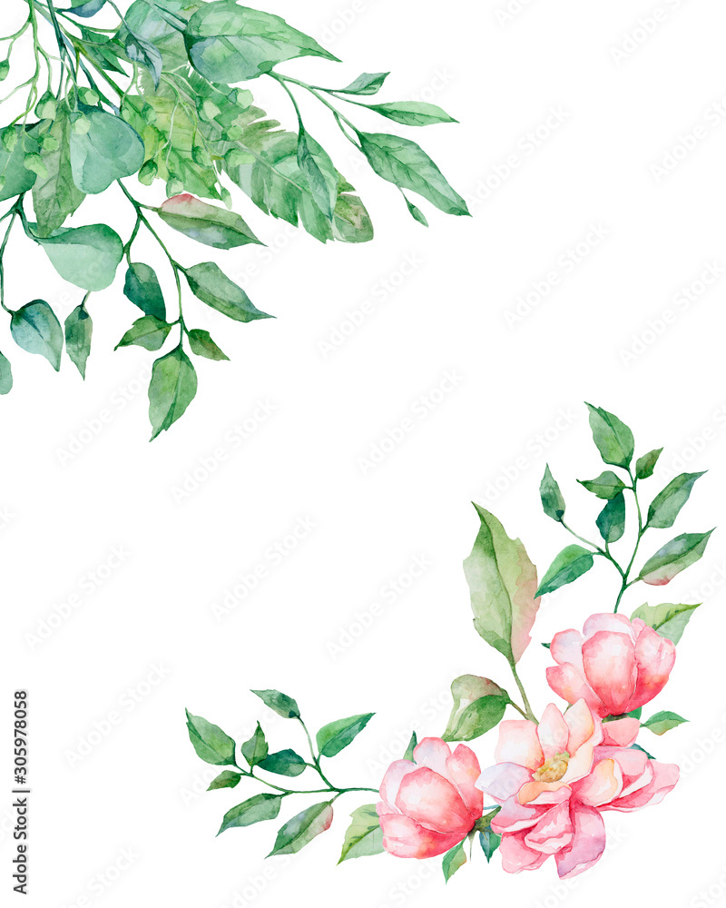 Card 2 with watercolor floral elements, flowers, leaves, peonies, greeting card, invitation, weddings. Wildflowers, herbs, leaves and branches, illustration isolated on white background.