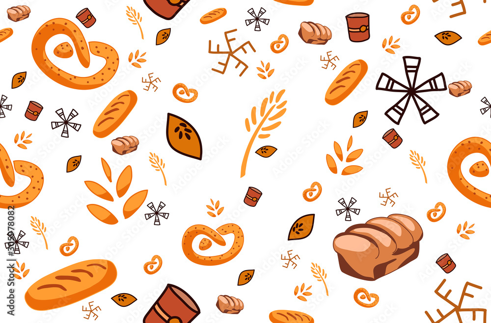 Bakery products, baking print. Pastry vector seamless pattern. Cute kitchen background with bread, baget, mill, meal, coffe