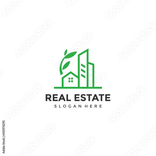 Real Estate Logo. Creative real estate icon with green leafs