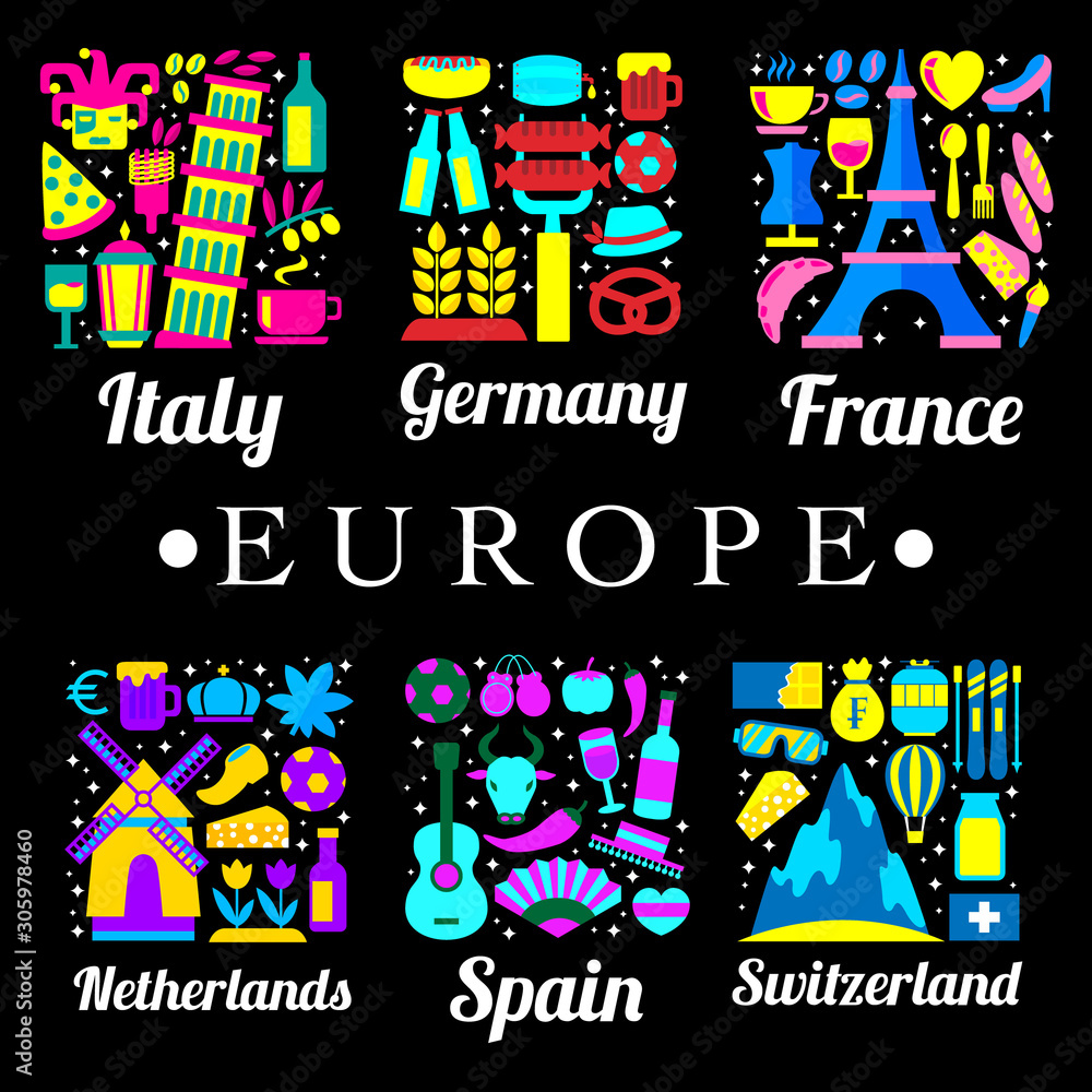 Europe country logo with icons that are related with Europe