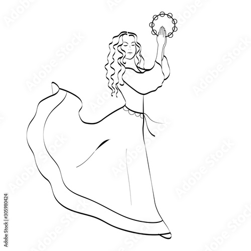 Young woman dфncing with a tambourine Linear vector illustration