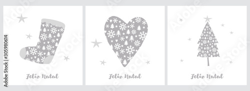 Feliz Natal - Protuguese Christmas Vector Illustrations with Gray Heart, Big Heart and Christmas Tree Isolated on a White Background.Simple Christmas Prints. Lovely Winter Holidays Vector Graphics. photo