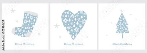 Cute Christmas Vector Illustrations with Blue Heart, Big Heart and Christmas Tree Isolated on a White Background. Simple Christmas Prints. Simple Winter Holidays Vector Graphics.
