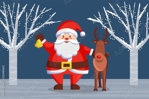 Christmas characters in forest at night. Santa Claus holding bell and hugging reindeer. Deer standing still in woods with trees decorated with garlands. Xmas and new year holidays celebration vector
