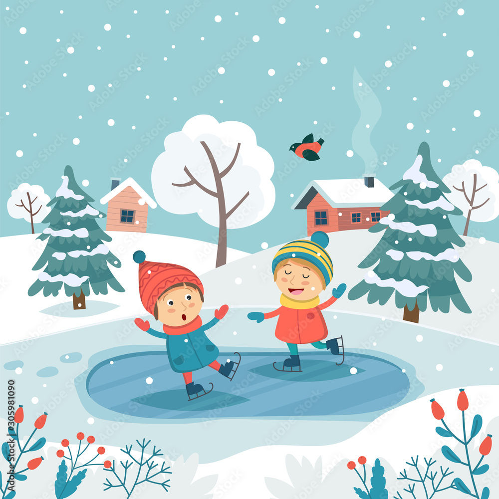 Merry christmas greeting card with children ice skating. Cute vector illustration in flat style Merry christmas greeting card with children ice skating. Cute vector illustration in flat style