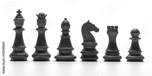 Chess black pieces isolated on white background. 3d illustration