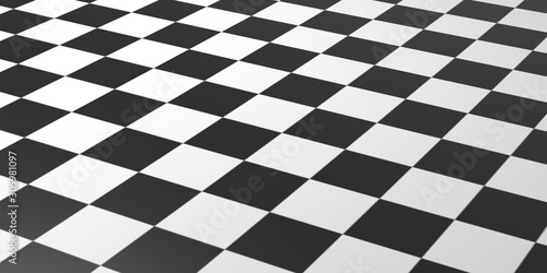Chessboard black and white color background texture, perspective view. 3d illustration