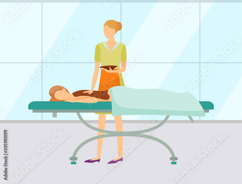 Woman giving massage to client in spa salon vector. Interior of massaging room, healthcare and skincare of person. Chocolate massage treatment flat style