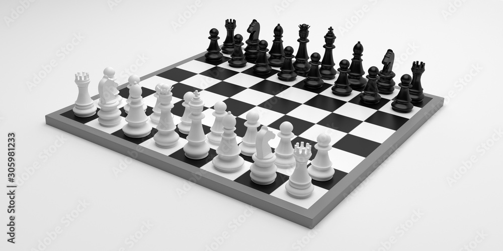 Chess checkerboard set up isolated against white color background, 3d illustration Chess checkerboard set up isolated against white color background, 3d illustration