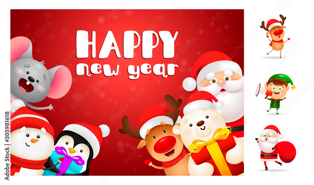 Fototapeta premium Happy New Year red postcard. Lettering with decorations can be used for invitation and greeting card. Holiday concept