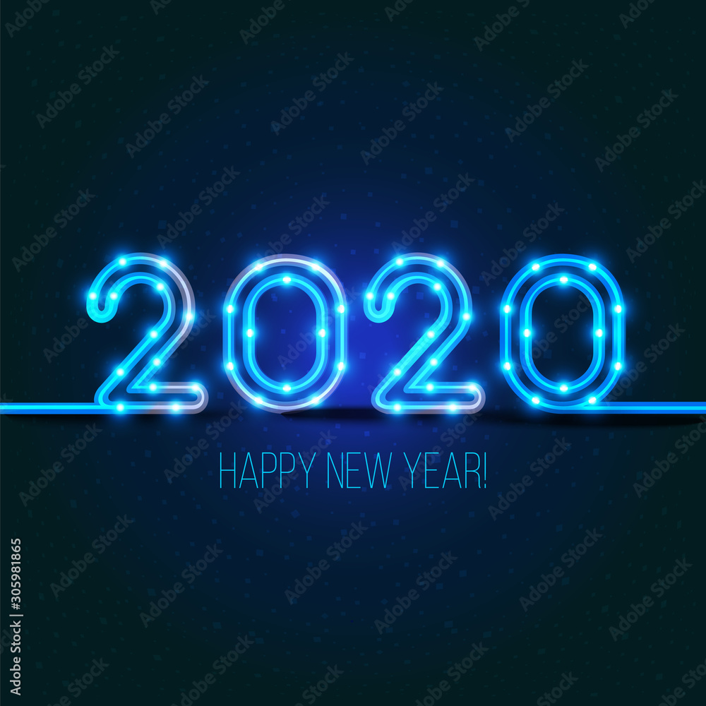 2020 New Years design. Vector neon figures with lights. Greeting card background. Happy new year 2020 sign. 2020 New Years design. Vector neon figures with lights. Greeting card background. Happy new year 2020 sign.