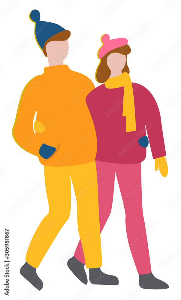 Man and woman walking cuddling and hugging. Isolated character wearing warm clothes. Male and female in hats and jackets. People strolling outdoors, young personages on date. Vector in flat style Man and woman walking cuddling and hugging. Isolated character wearing warm clothes. Male and female in hats and jackets. People strolling outdoors, young personages on date. Vector in flat style