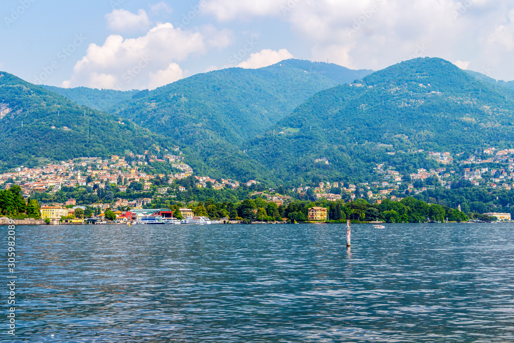 Picturesque Lake Como May view, cruise ships in the distance