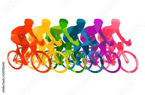 Colorful poster with cyclists riding bicycles. Cycling poses in bright silhouettes. Bicycle road racers. Competition and marathon. Adventure and travel outdoor on bicycle. Bike courier, vector sport