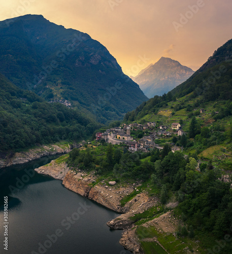 Aerial view of the village of Vogorno in the Verzasca valley in the Swiss alps photo