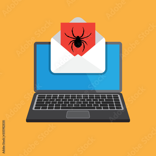 Flat design of laptop and envelope with a virus. Hacking mail or computer. Getting a pirated or infected letter. Vector illustration. Isolated.