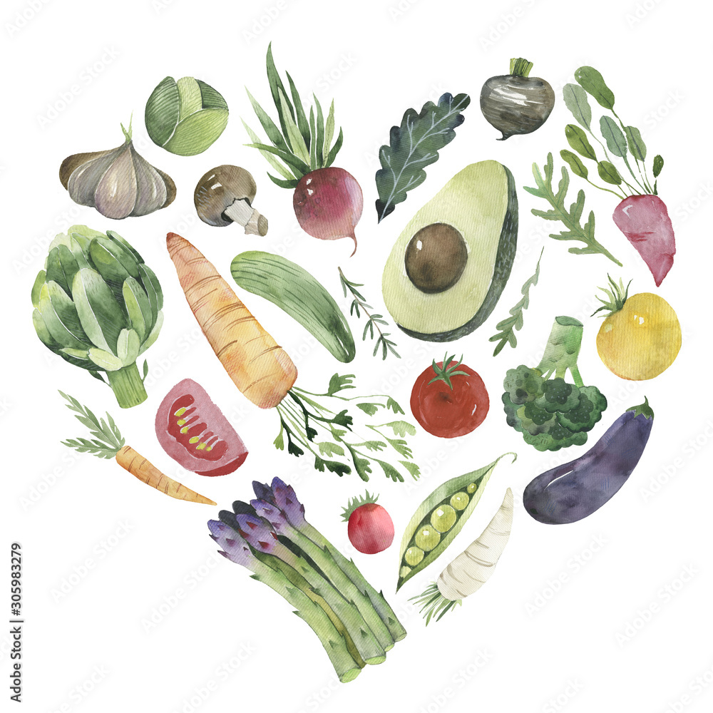 Fototapeta zestaw ikon warzyw. akwarela świeże warzywa na białym tle.