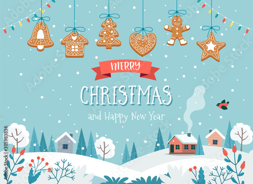 Christmas greeting card with cute landscape and hanging gingerbread cookies. Cute vector illustration in flat style