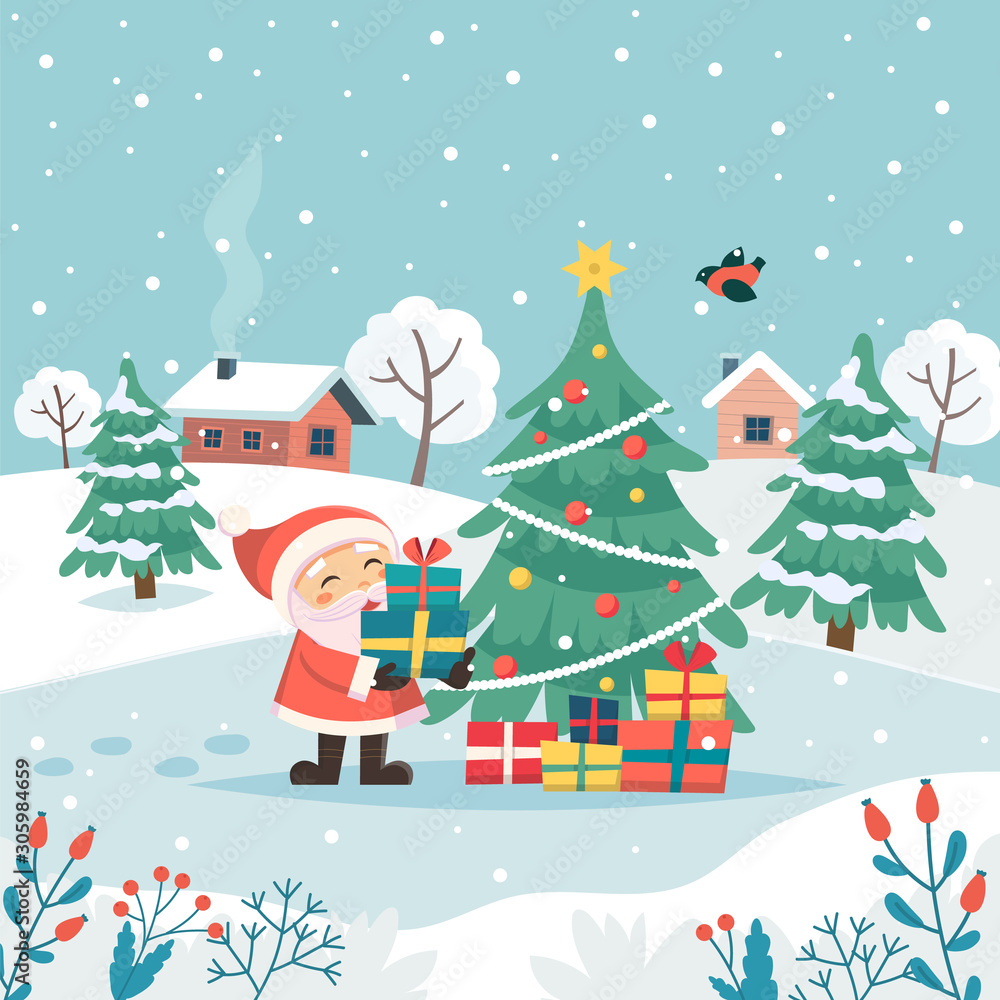 Santa with christmas gifts. Merry christmas greeting card. Cute vector illustration in flat style Santa with christmas gifts. Merry christmas greeting card. Cute vector illustration in flat style