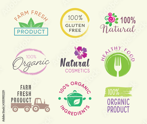 Vector healthy food and organic products promotion labels