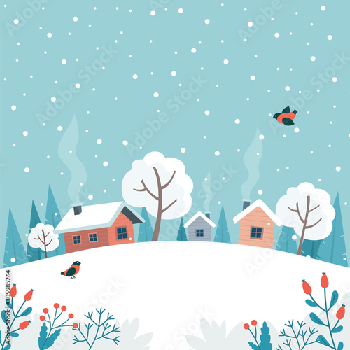 Winter landscape with cute house, fields and nature. Cute vector illustration in flat style