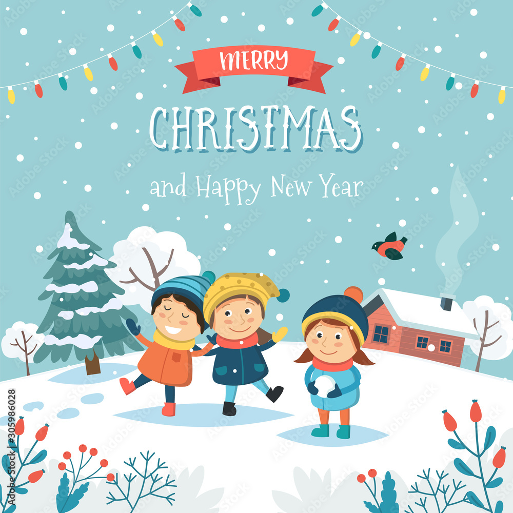Fototapeta premium Merry christmas greeting card with children playing with snow and text. Cute vector illustration in flat style