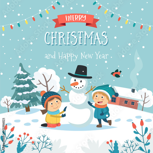 Merry christmas greeting card with children making snowman and text. Cute vector illustration in flat style