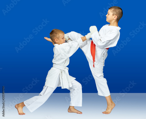 Young athletes in karategi are hitting karate blows