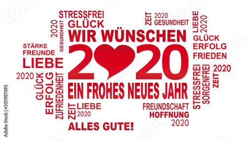 2020 - gute wünsche mit herz  auf deutsch in roter schrift auf weissem hintergrund
