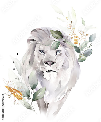 Fototapeta Naklejka Na Ścianę i Meble -  fashion watercolor illustration. Drawing - lion with tree leaves. Botanic and animal print isolated on white background