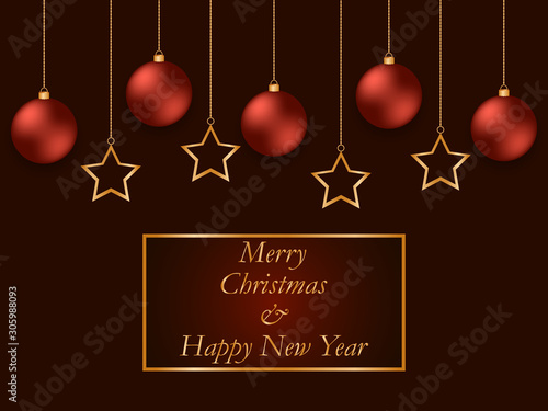 New Year red background with golden stars and red balls. Christmas toys hang beautifully on gold chains. Vector illustration EPS10.