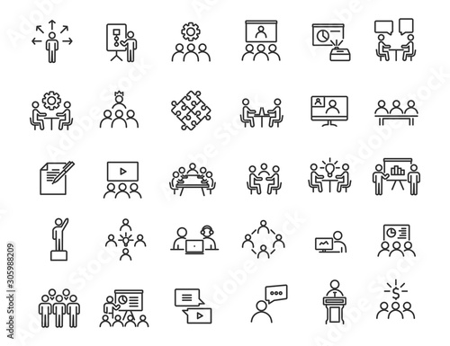 Set of linear business training icons. Workshop icons in simple design. Vector illustration