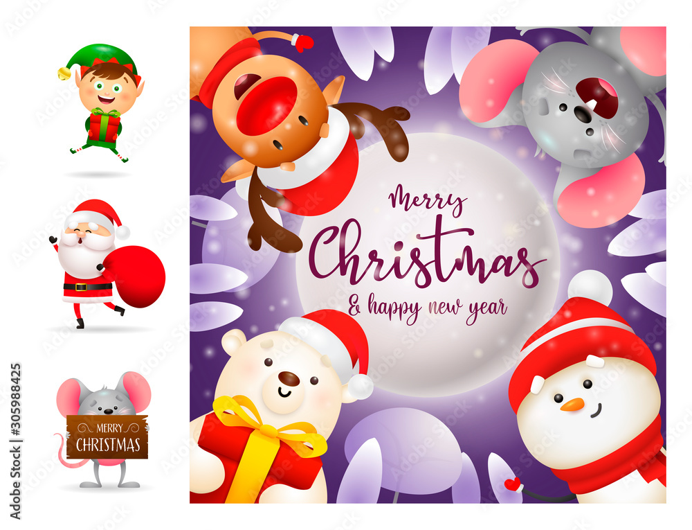 Fototapeta premium Merry Christmas poster with cartoon characters. Lettering with decorations can be used for invitation and greeting card. Holiday concept