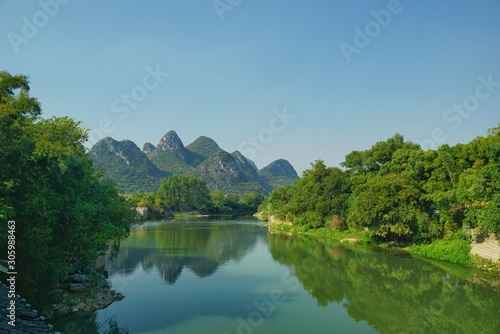 The view of karst landscape in the village of Lijiang in Guilin, China.