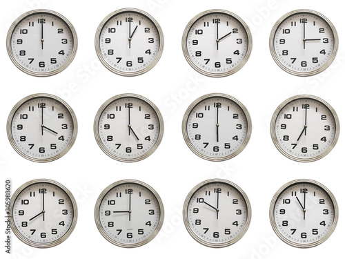 Set of round clocks showing various time, The collection of twelve wall clocks isolated on white background.