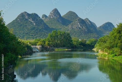 The view of karst landscape in the village of Lijiang in Guilin, China.