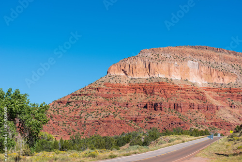 Low angle landscape of multi-colored stone hillside near Jemez Springs New Mexico