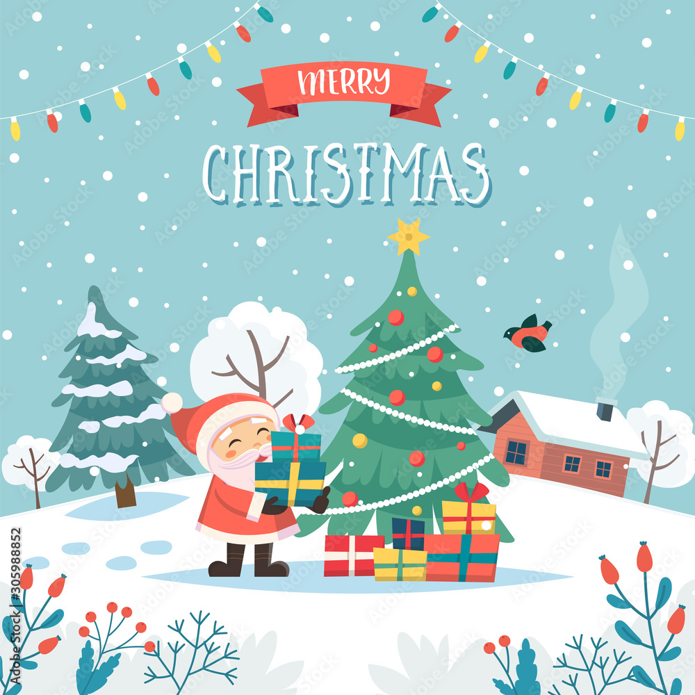 Santa with christmas gifts. Merry christmas greeting card with text. Cute vector illustration in flat style