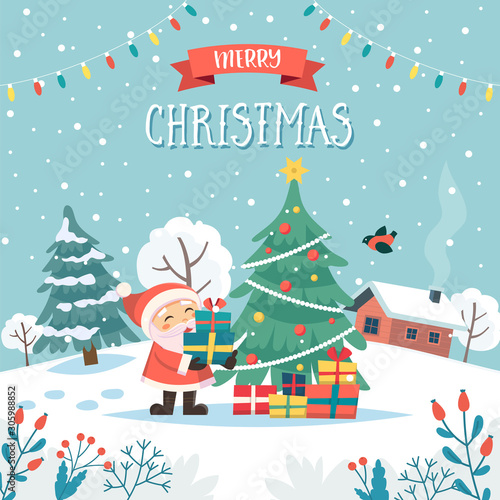 Santa with christmas gifts. Merry christmas greeting card with text. Cute vector illustration in flat style