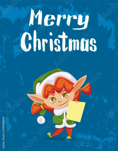 Merry christmas, designed caption on poster. Little redheaded girl in green costume hold letter with wishes from kids. Holiday greeting postcard with elf, santa helper. Vector illustration in flat