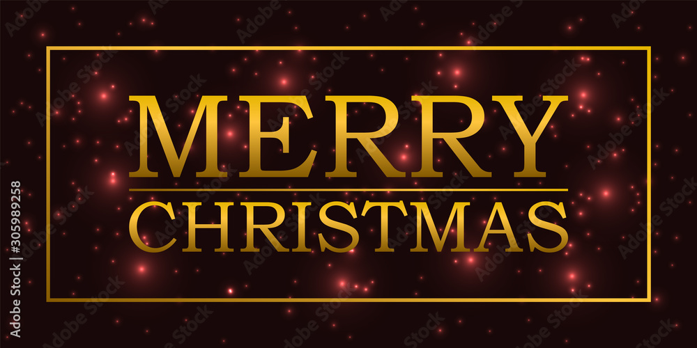 Merry Christmas - New Year. Shining background with snowflakes on a burgundy background. Christmas banner with golden letters and frame. Vector illustration.