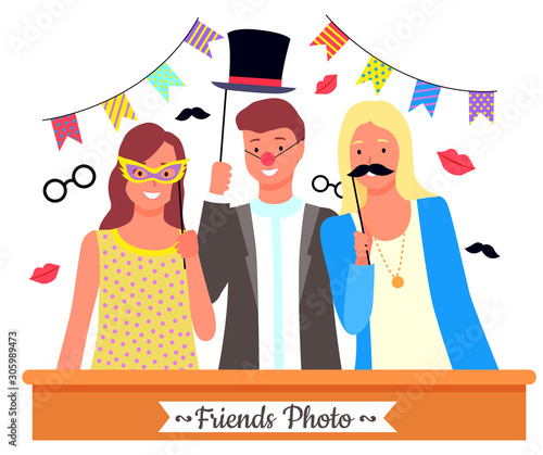 Group of friends posing with photo booth props. Paper glasses, cylinder hat, red clown nose and other party accessories and decoration. Teenage boy and girls in funny costumes vector illustration