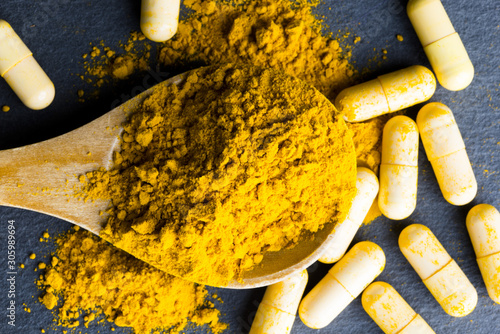 Turmeric supplement pills with powder and spoon concept