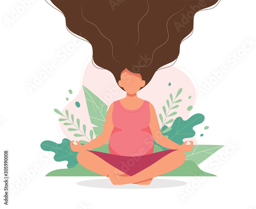 Pregnant woman doing yoga with nature background and her hair up. Cute vector illustration in flat style