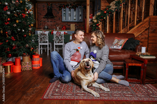 pregnant wife with husband and labrador in a country house. on christmas eve © Andrii