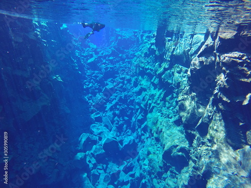 Fototapeta Naklejka Na Ścianę i Meble -  Schnorcheln bei blauen, klaren Wasser in der Silfra Spalte von Island