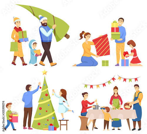 Christmas holidays vector  isolated characters preparing for New Year celebration. Family buying pine tree  man with kids decorating spruce. Father and mother with kid packing presents and cooking