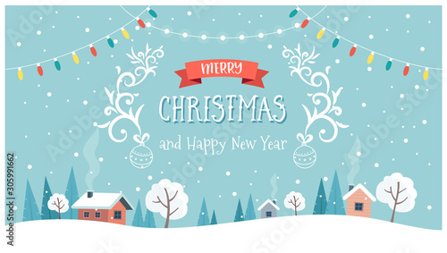 Christmas greeting card with cute landscape, text and hanging decorations. Cute vector illustration in flat style